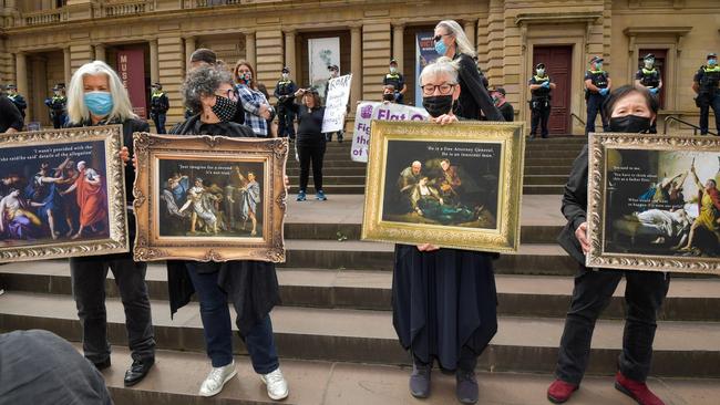 Protesters gather on the steps of state parliament. Picture: Jason Edwards