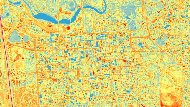 A daytime heat map of Adelaide’s CBD. Users of the heat mapping tool can drill down to their streets and see how hot it is during a hot summer day.