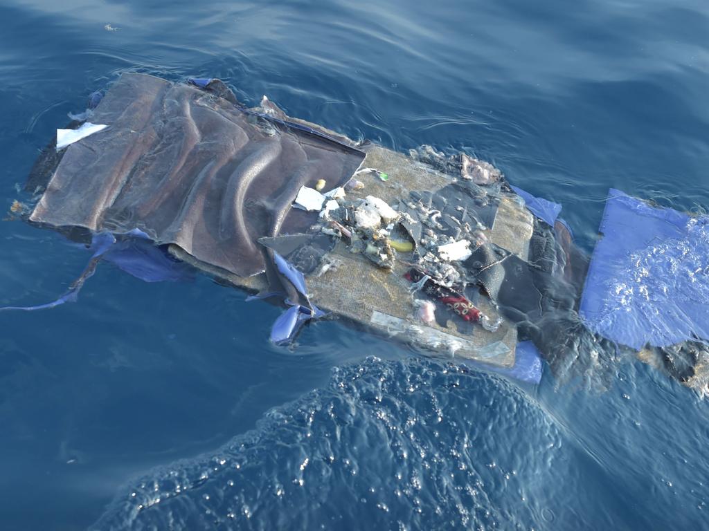 Debris from the ill-fated Lion Air flight JT 610 floats at sea in the waters north of Karawang, West Java. Picture: AFP