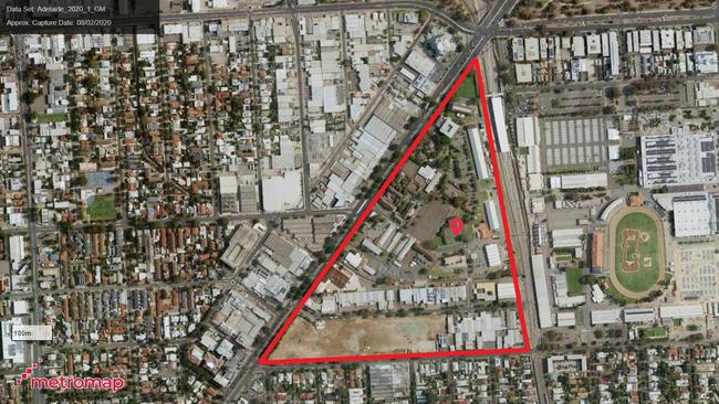 A highlighted area of Theo Maras’ proposed new suburb, incorporating the Keswick Barracks and old Le Cornu site on Anzac Highway. Picture: Metromap