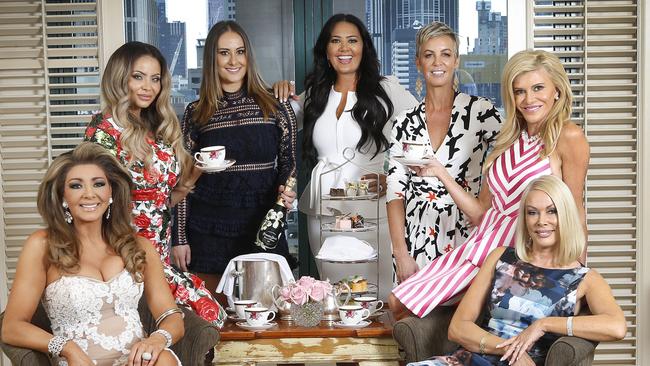 Real Housewives of Melbourne 2018 cast from left: Gina Liano, Venus Behbahani-Clark, Jackie Gillies, Lydia Schiavello, Sally Bloomfield, Gamble Breaux, Janet Roach. Picture: David Caird