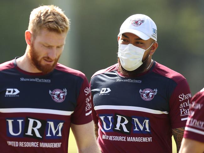 Manly's Addin Fonua-Blake wears a face mask during a Manly NRL media opportunity at the Sydney Academy of Sport, Narrabeen. Picture: Brett Costello