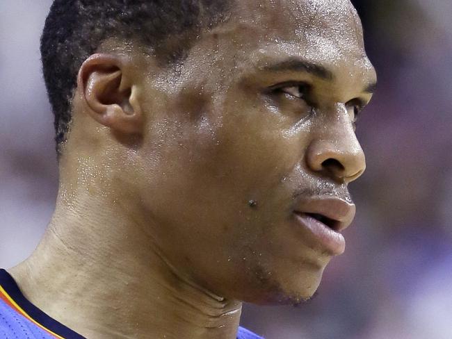 A mark is visible on the right cheek of Oklahoma City Thunder guard Russell Westbrook where he was kneed in the face by teammate guard Andre Roberson in the final seconds of an NBA basketball game against the Portland Trail Blazers in Portland, Ore., Friday, Feb. 27, 2015. Westbrook scored 40 points as the Trail Blazers won 115-112. Westbrook would not talk with media afterward and his condition is unknown. (AP Photo/Don Ryan)