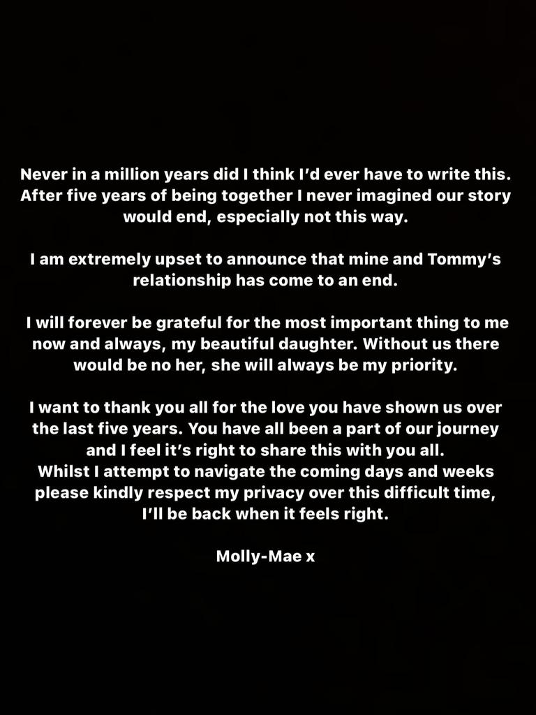 ‘I never imagined our story would end this way.’ Picture: Instagram/Molly-Mae Hague