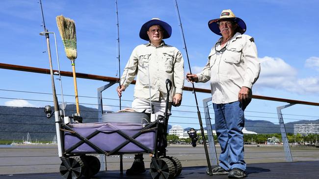 Cairns Regional Council has proposed a by-law that bans fishing off the Cairns Esplanade. Recreational fishermen Gerry Vallianos and Colin Ford are outraged over the possibility of the ban, and say fishers across Cairns will protest the laws. Picture: Brendan Radke