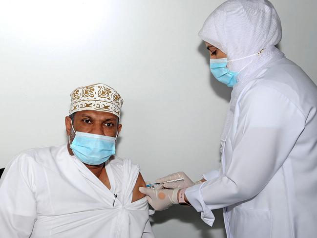 An Omani man receives a dose of the Pfizer vaccine in Oman's capital Muscat. Picture: AFP