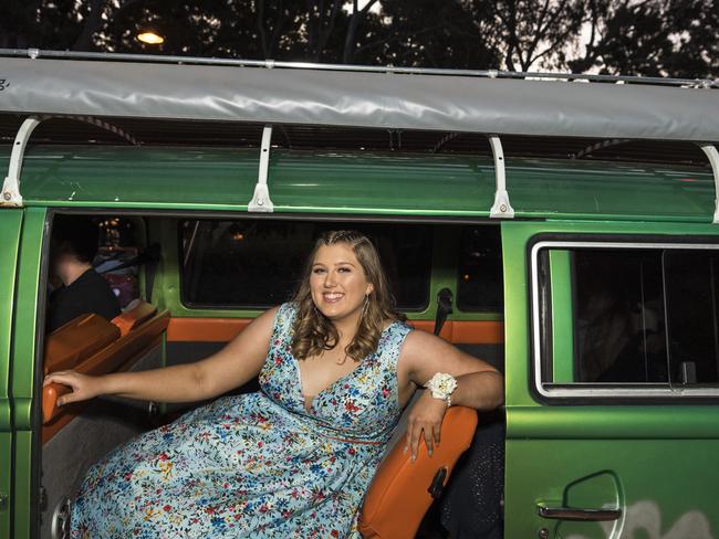 Kirralee Jeffery arrives at her Centenary Heights State High School formal at Picnic Point, Friday, November 20, 2020. Picture: Kevin Farmer
