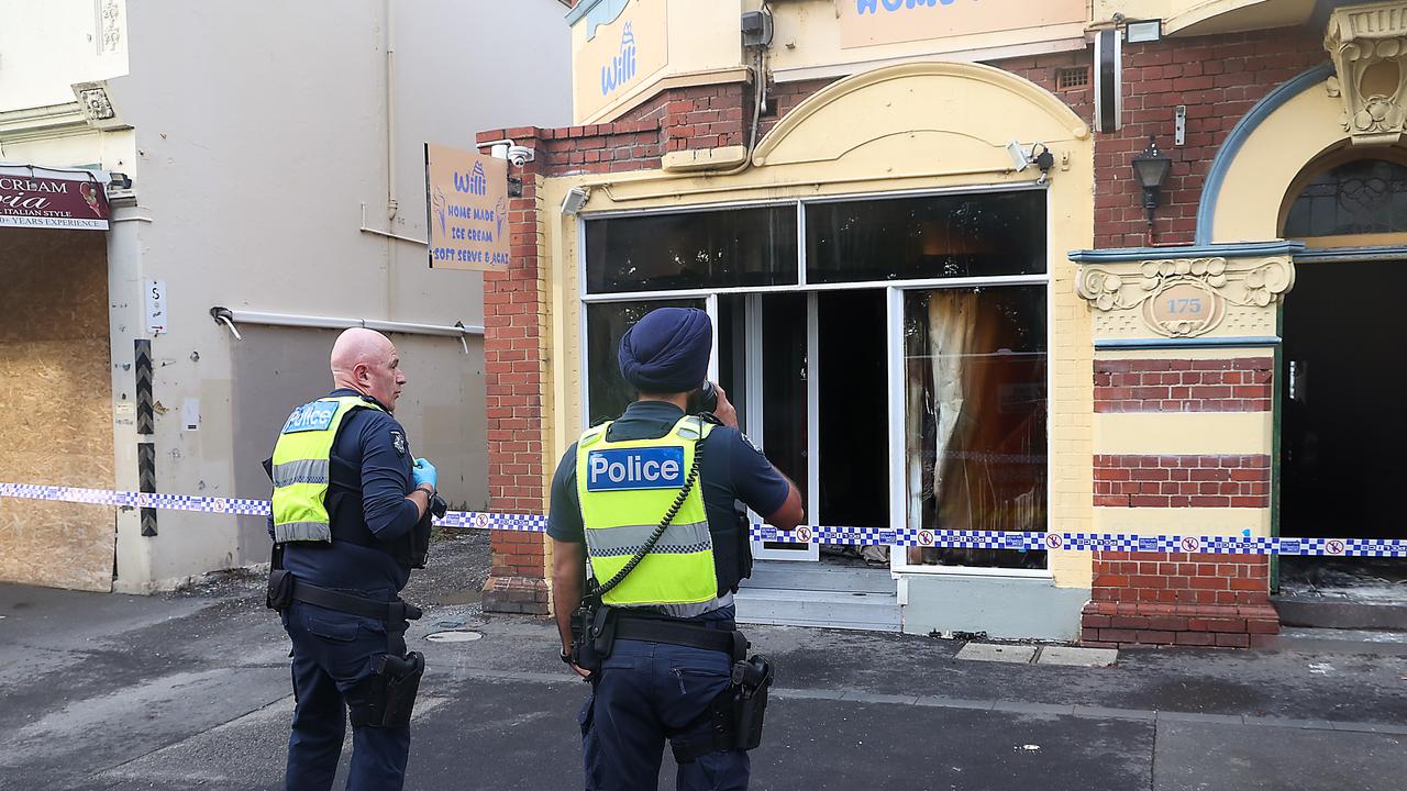 Police investigate a suspicious fire at the Willi Homemade Ice Cream store in Williamstown on Tuesday. Picture: NewsWire/Ian Currie