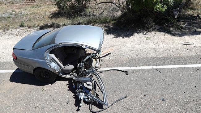 A man died after this shocking single-car smash at Elwomple, near Tailem Bend, in his which his car was torn in two. Picture: Tait Schmaal