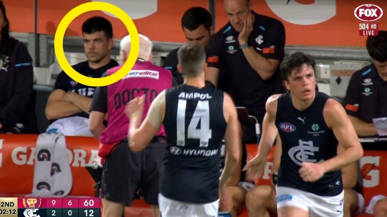 Matthew Kennedy was filthy on the bench. Photo: Fox Footy.