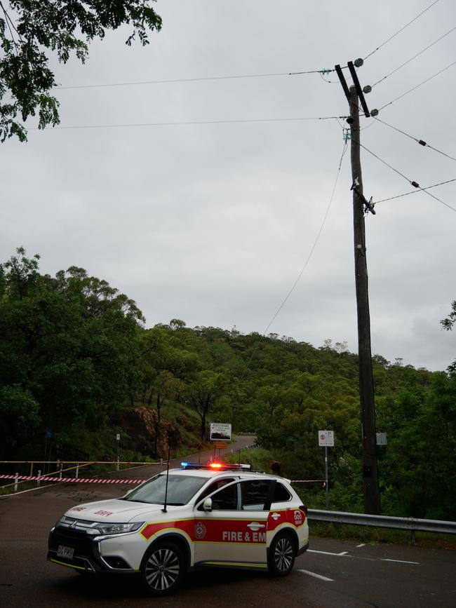 Tropical Cyclone Kirrily, January 2024: Road to Castle Hill is closed due to a powerline down. Picture: Blair Jackson