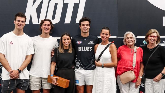 The Silvagni family, with 100-gamer Jack centre, were present in the rooms after Carlton’s draw with Richmond, but father Stephen was nowhere to be seen. Pic: Carlton