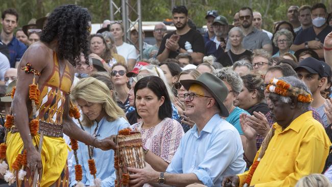 GARMA opening ceremony this evening. Gumatj clan dancers perform bunggul (ceremonial dance) for the PM Anthony Albanese, before presenting him with a Bathi. Picture: Peter Eve.