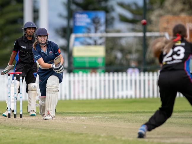 Manly’s Grace Pike is caught and bowled by Nicola Hudson. Picture: Julian Andrews