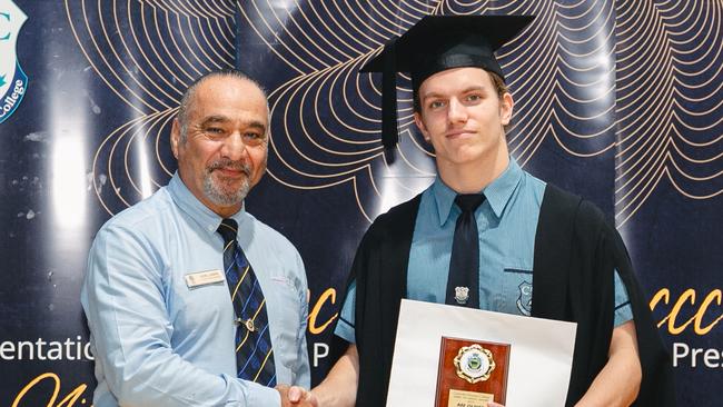 Cooloola Christian College Spirit of Anzac Award 2023 goes to Abe Oliver with Adel Amin (Gympie RSL Sub Branch).