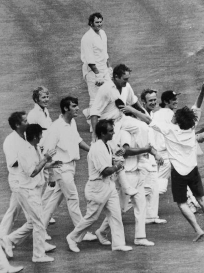 A victorious England team carry captain Ray Illingworth off the field after winning the 1970-71 Ashes. Picture: Central Press/Getty Images