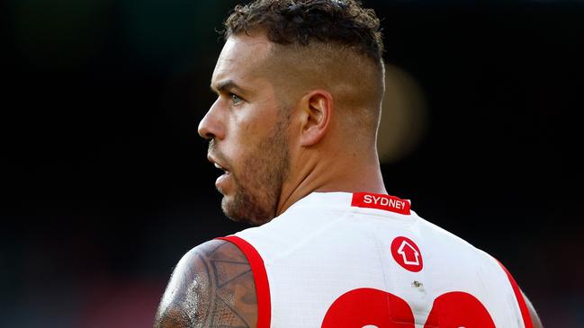 MELBOURNE, AUSTRALIA - APRIL 02: Lance Franklin of the Swans looks on during the 2023 AFL Round 03 match between the Melbourne Demons and the Sydney Swans at the Melbourne Cricket Ground on April 2, 2023 in Melbourne, Australia. (Photo by Michael Willson/AFL Photos via Getty Images)