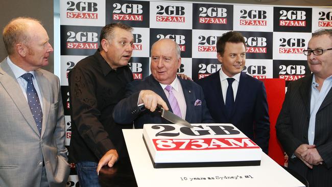 2GB celebrates 10 straight years as Sydney’s number one radio station with L-R: Ross Greenwood, Ray Hadley, Alan Jones, Ben Fordham and Chris Smith.