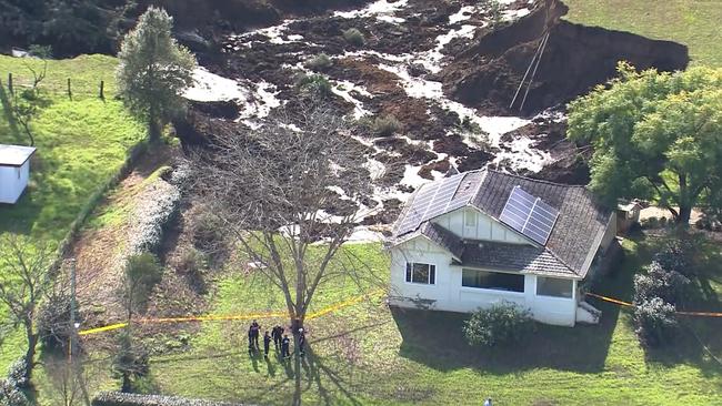 A house along the Hawkesbury River has been partially swallowed by a sink hole. Picture: 7 News