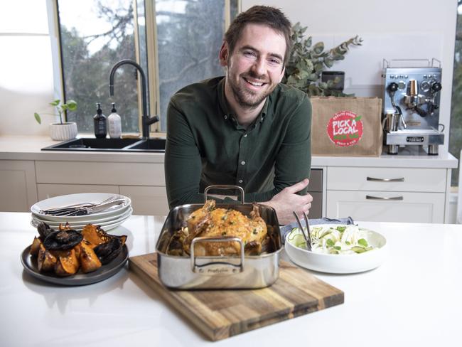 Chef Callum Hann serving Roast Chicken with Fennell and Thyme ,Shaved Zucchini Salad and Balsamic Roasted Pumpkin and Mushrooms for a fathers day meal.Tuedsday, August,24,2021.Picture Mark Brake