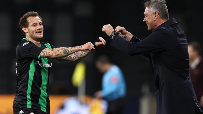 Diamanti celebrates his stunning strike with Western United coach Mark Rudan.