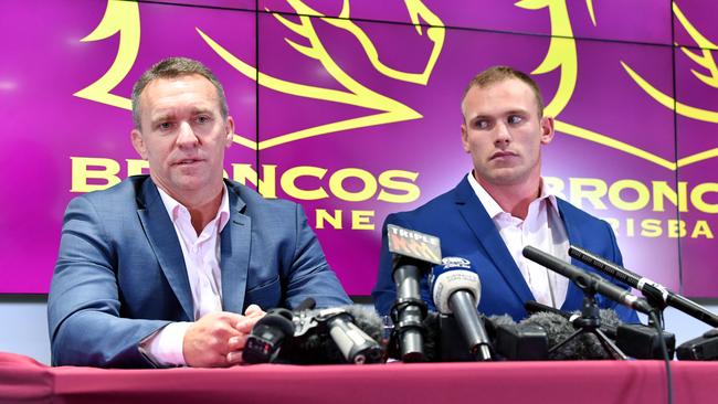 Former Broncos CEO Paul White (left) and Matt Lodge (right) are seen during a press conference addressing his New York rampage. Picture: AAP Image/Darren England