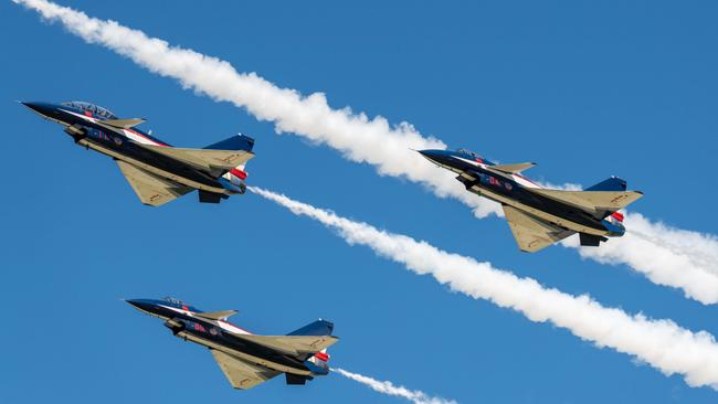J-10 fighter jets of the Bayi Aerobatics Team of the People's Liberation Army Air Force (PLAAF) in China. Picture: Yang Kunye/VCG via Getty Images