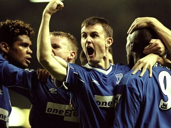 Francis Jeffers celebrates Kevin Campbell's winner for Everton in 1999.