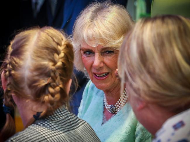 Camilla, Duchess of Cornwall speaks with patients at the Starlight room during the royal couple’s visit to Lady Cilento Children’s Hospital in Brisbane. Picture: Patrick Hamilton/AFP