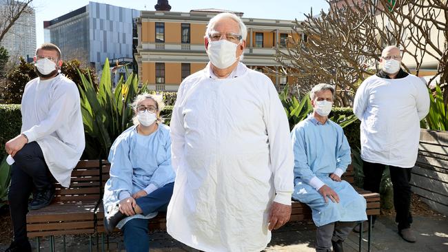 Pathologists at St Vincent's Hospital, from left: David Lorenz (senior hospital scientist), Hibah Harakeh (specimen reception), Jock Harkness (micro biologist), Michael Alexander (specimen reception manager) and Damien Stark (principal head scientist). Picture: Toby Zerna