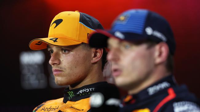 CORRECTED VERSION: SAO PAULO, BRAZIL - NOVEMBER 02: Sprint winner Lando Norris of Great Britain and McLaren and Third placed Max Verstappen of the Netherlands and Oracle Red Bull Racing, later demoted to 4th placed, attend the press conference after the Sprint ahead of the F1 Grand Prix of Brazil at Autodromo Jose Carlos Pace on November 02, 2024 in Sao Paulo, Brazil. (Photo by Lars Baron/Getty Images)