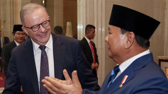 Anthony Albanese and Prabowo Subianto in Jakarta on Thursday. Picture: X