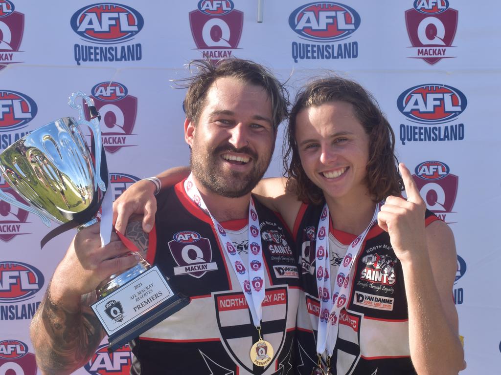 David Mcfaul (left) and Cam Wharton after the North Mackay Saints v Eastern Swans reserves AFL grand final at Magpies Sporting Club, Mackay, September 11, 2021. Picture: Matthew Forrest