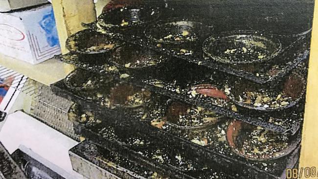 Dirty trays at Jam and Sugar (JAS) Bakehouse in Port Adelaide, which was prosecuted for breaching food safety standards in 2017. Pictures: Courts Administration Authority