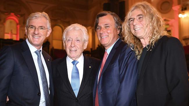 Frank Lowy with sons (from left) Steven, Peter and David after his last Westfield AGM in May last year. Picture: AAP Image/David Moir