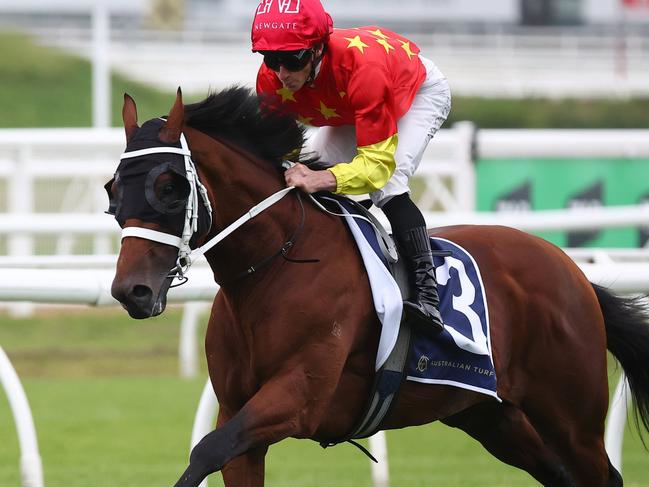 SYDNEY, AUSTRALIA - MARCH 02: James McDonald riding Militarize rides in an exhibition race after Race 1 during the TAB Verry Elleegant Stakes Day - Sydney Racing at Royal Randwick Racecourse on March 02, 2024 in Sydney, Australia. (Photo by Jeremy Ng/Getty Images)