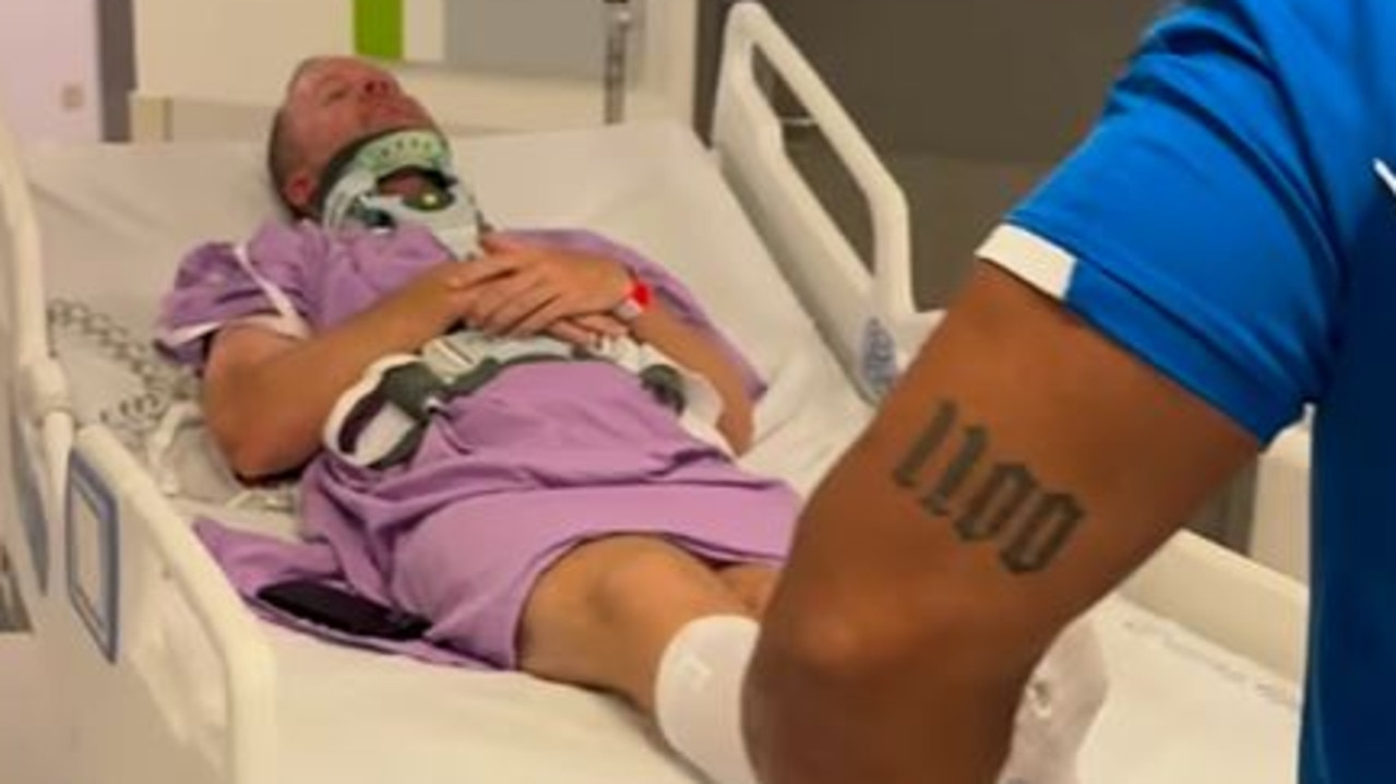 Tim Morgan in hospital after he was dumped in the surf at Burleigh. Picture: Instagram