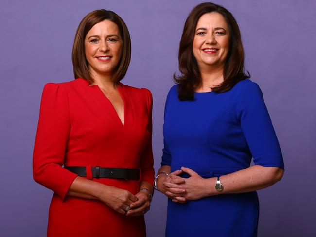 HOLD FOR COURIER MAIL -  Deb Frecklington, leader of the Liberal National Party with Premier Annastacia Palaszczuk together for International Women's Day. Pics Adam Head