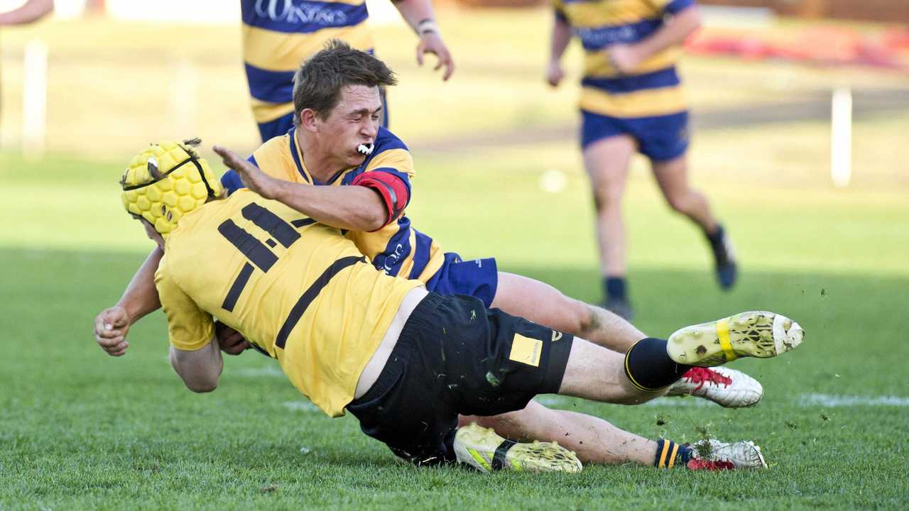 John Maloney, Dalby tackles Tom Jobling, Emus. Risdon Cup Grand Final, Goondiwindi vs Dalby. Saturday, 1st Sep, 2018. Picture: Nev Madsen