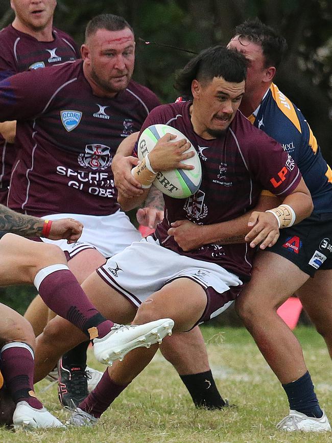 Gold Coast District Rugby Union clash between Griffith Uni Colleges Knights and Nerang Bulls. Knights Player No10 Rylee Stewart Bulls Player No14 Logan watene Pic Mike Batterham