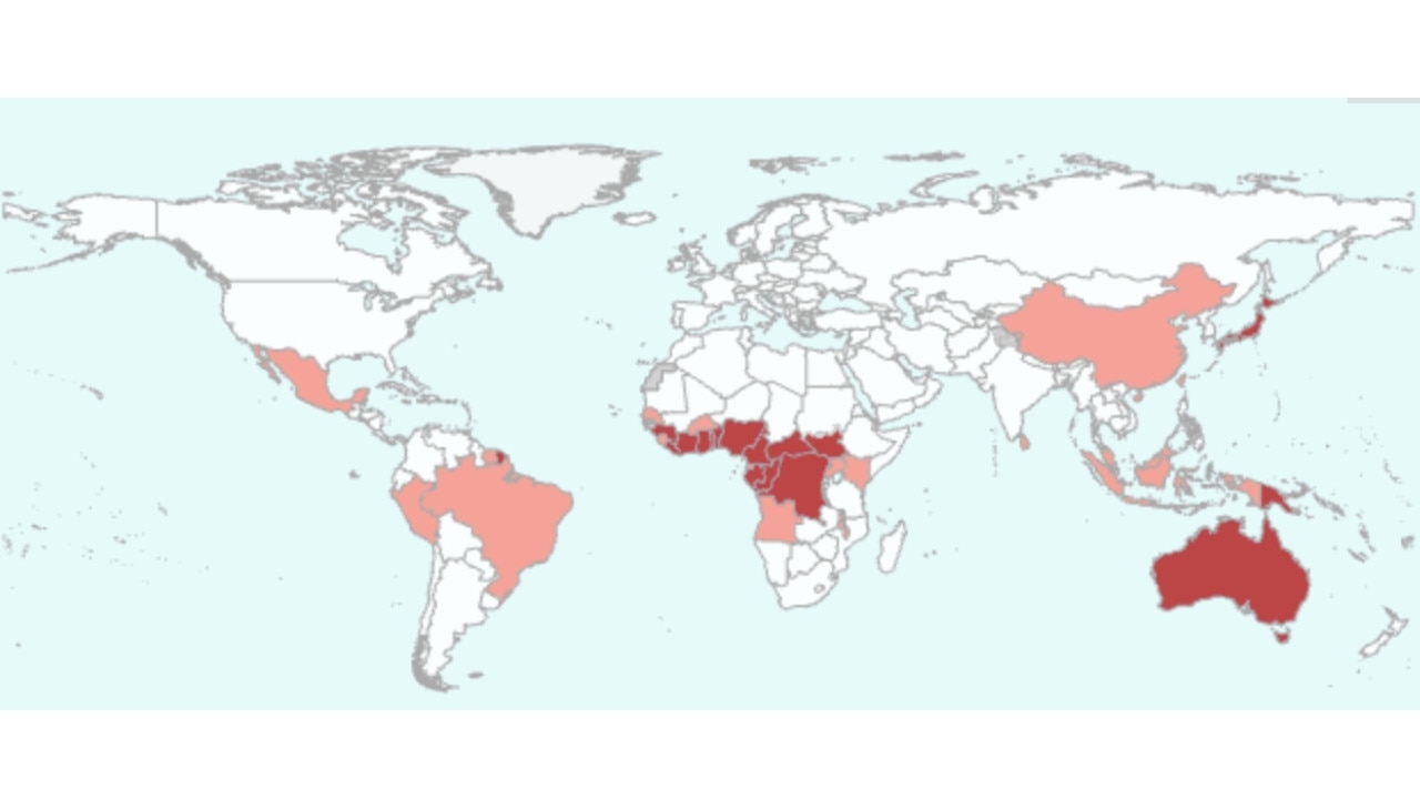 A map of where Buruli ulcers are found, red meaning endemic (consistently present). Picture: WHO.