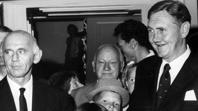 Senator John Gorton (right) with William McMahon (left) after having been elected leader of Liberal Party and prime minister on January 9, 1968.