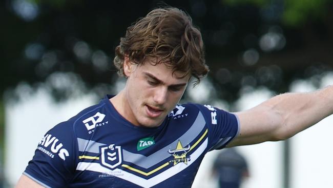 Cowboys' Tom Duffy kicks a conversion in the NRL pre season match between the North Queensland Cowboys and the Redcliffe Dolphins at Barlow Park Picture: Brendan Radke