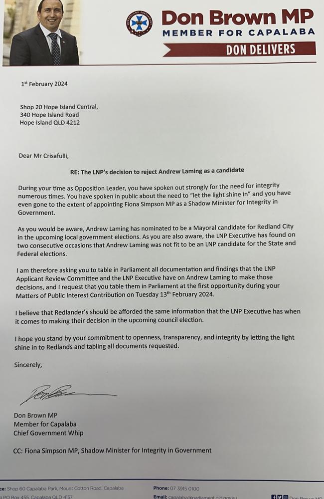 A letter, written to the LNP, asking for all files on former LNP MP Andrew Laming. Picture: Facebook