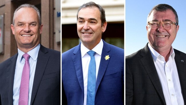 Nick Reade, who will be the new head of Premier and Cabinet, Premier Steven Marshall and outgoing department head Jim McDowell.