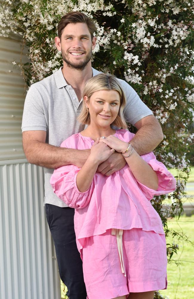 Geelong star Tom Hawkins with wife at their property in Barrabool. Picture: Nicki Connolly