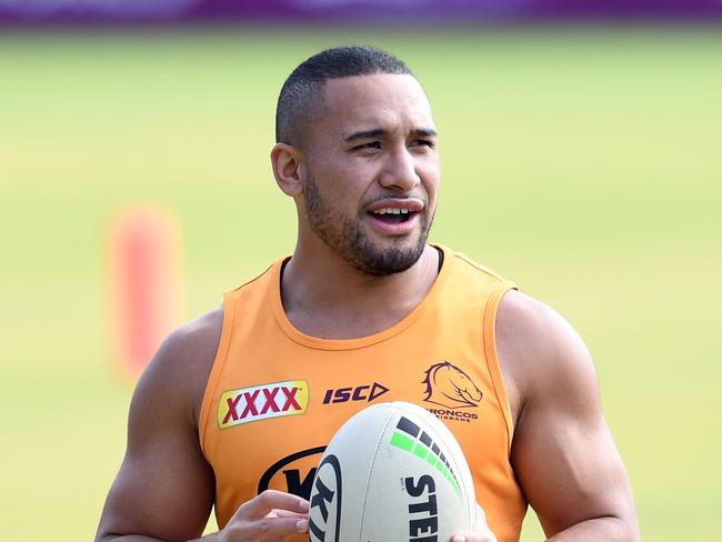 Brisbane Broncos player Jamil Hopoate is seen during training in Brisbane, Wednesday, May 6, 2020. The players trained in groups of ten while avoiding contact, due to COVID-19 social distancing measures. (AAP Image/Dan Peled) NO ARCHIVING