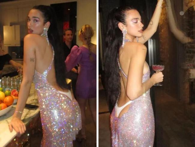 Dua Lipa went for the most daring look of all with her crystal mesh Ludovic de Saint Sernin frock, which plunged so low in the back that her bottom – and white thong – played peekaboo. Picture: Instagram