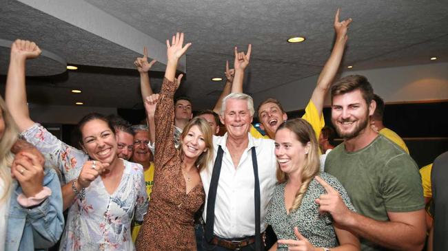 VICTORIOUS: Nationals Member for Tweed Heads Geoff Provest celebrates winning the NSW state election. Picture: Scott Powick