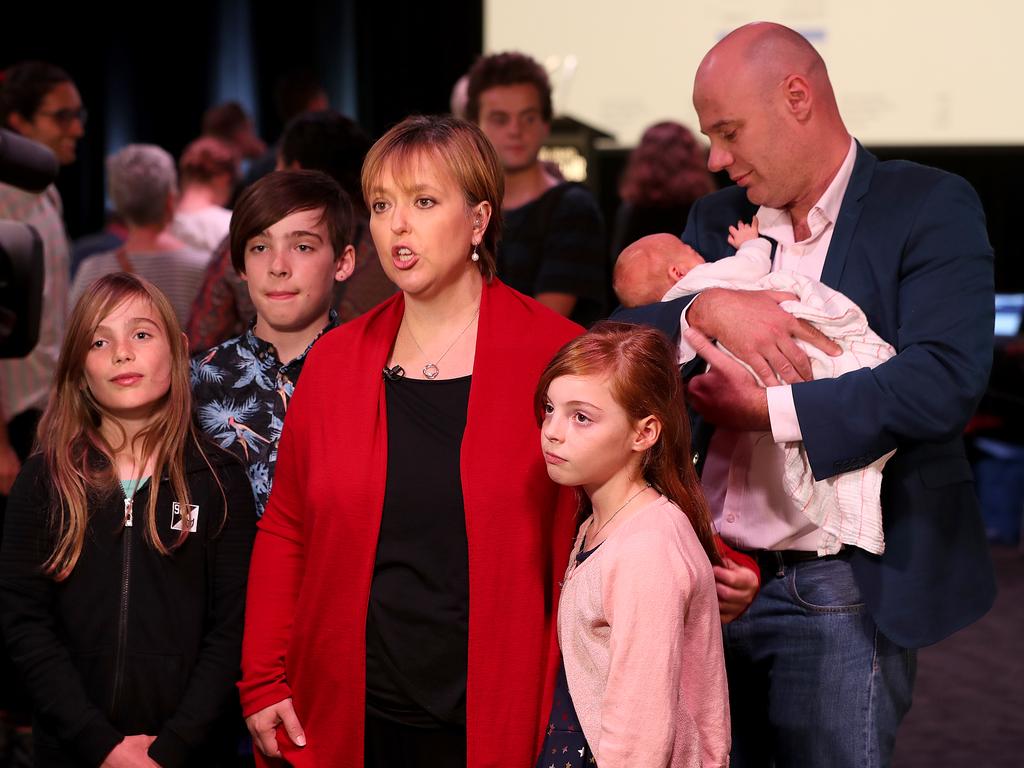 Lara Giddings with her family at the tally room on election night. Picture: SAM ROSEWARNE